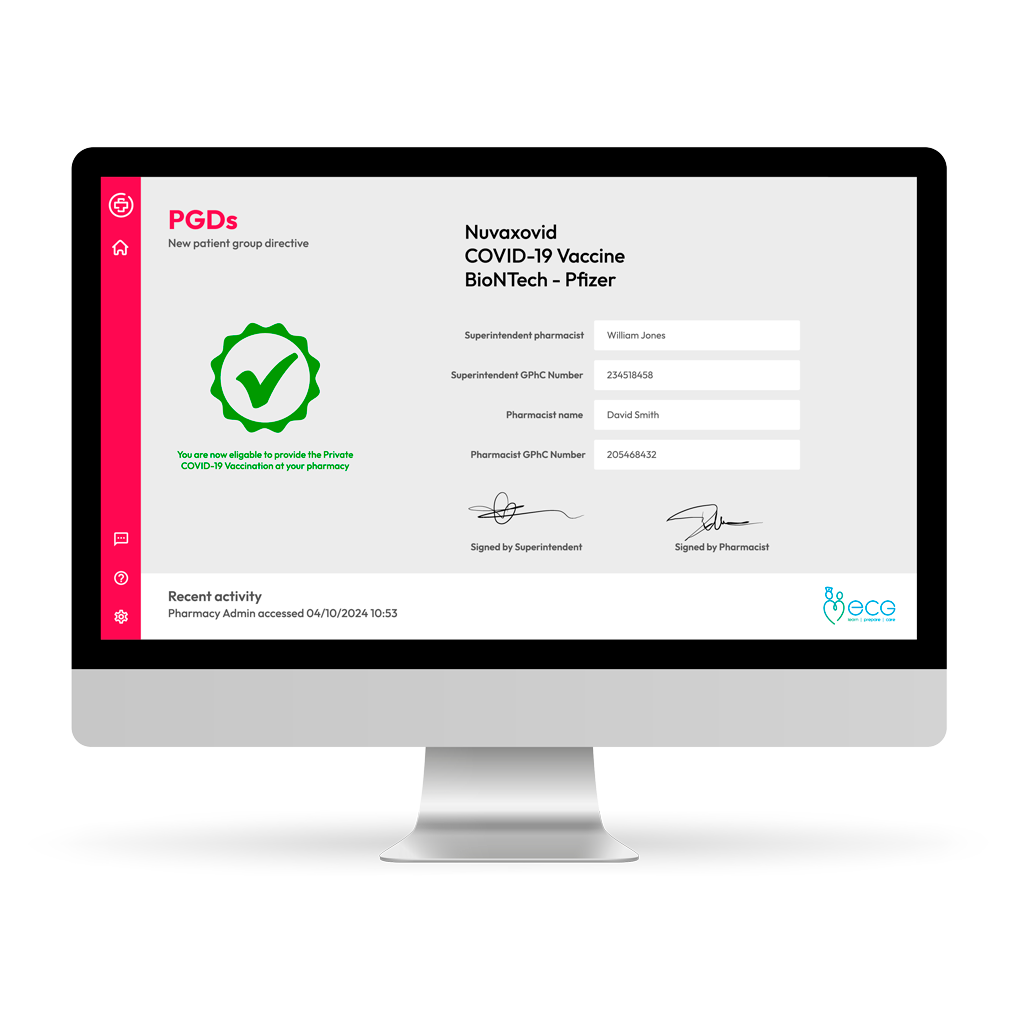PGD platform screen showing pharmacist eligibility for private COVID-19 vaccination services, with secure signatures and recent activity log